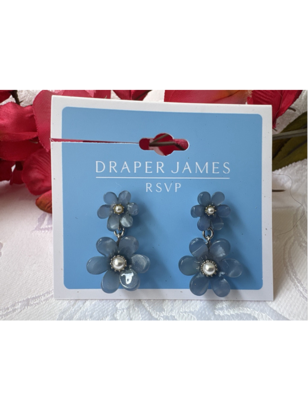 Draper James Dainty Dangle 1.5" Earrings Blue Flowers Pearl SilverTone NEW